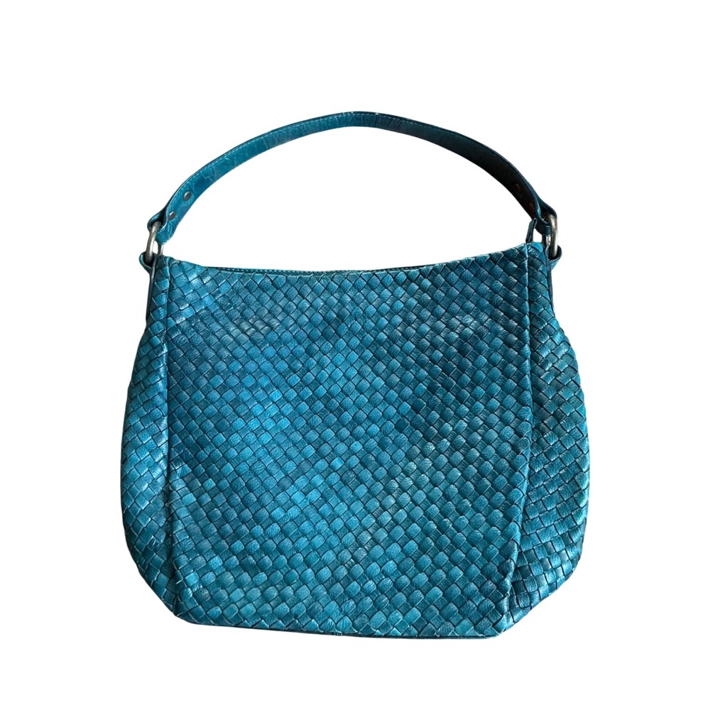 Nino Bossi Teal Blue Woven Genuine Leather Hobo Shoulder Bag Floral Lining Large